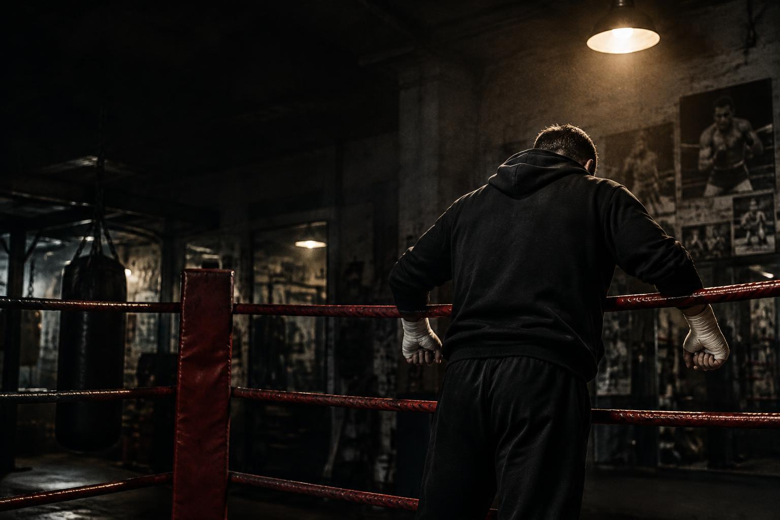 Amateur boxer resting on the ropes in a UK gym