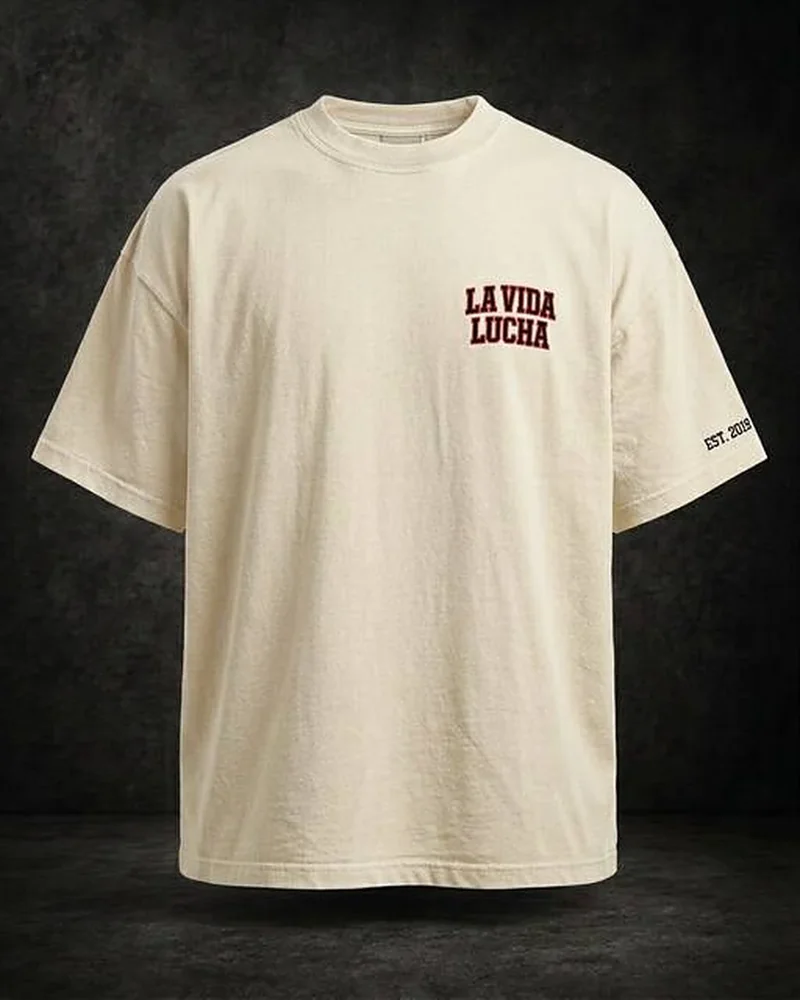 LA VIDA LUCHA Fight Life chest embroidered T-shirt in cream, front